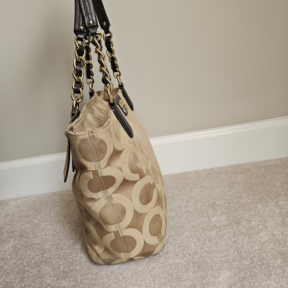 Coach Signature Tote Khaki Brown Leather Trim Chain Straps - Picture 3 of 10